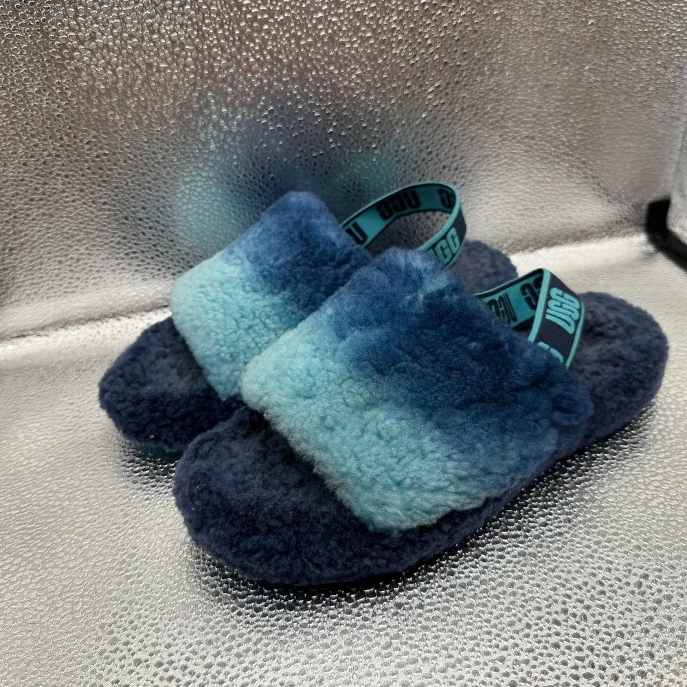Size 6 UGG Fluff Yeah Slide Gradient Blue Kids Slingback Fuzzy Slipper 1120772K